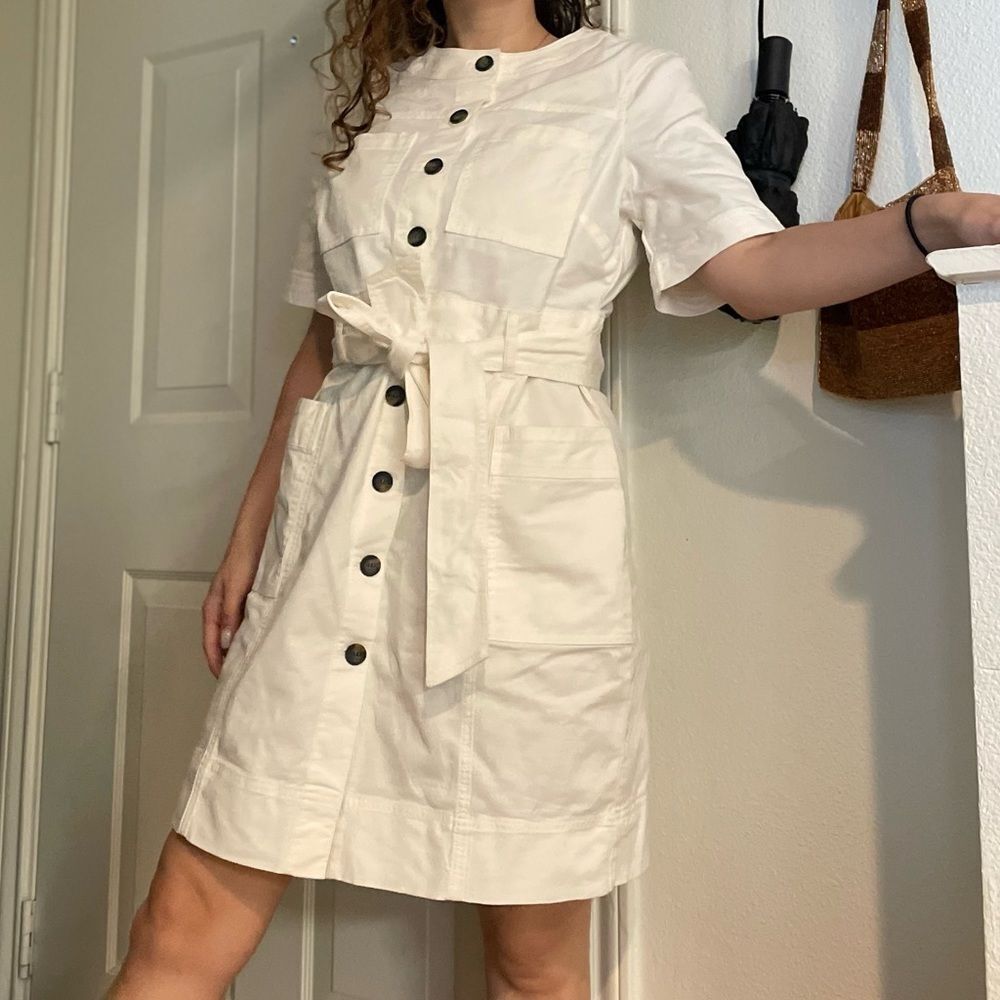 Boden Belted Button Down Twill Shift Dress Sz 10 Glorious British Style White